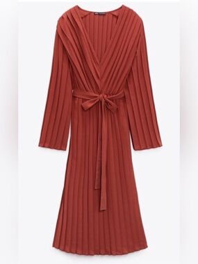 Zara Woman’s Pleated Midi Dress Size M Brick Red Tie Belt V-Neck 1165/526